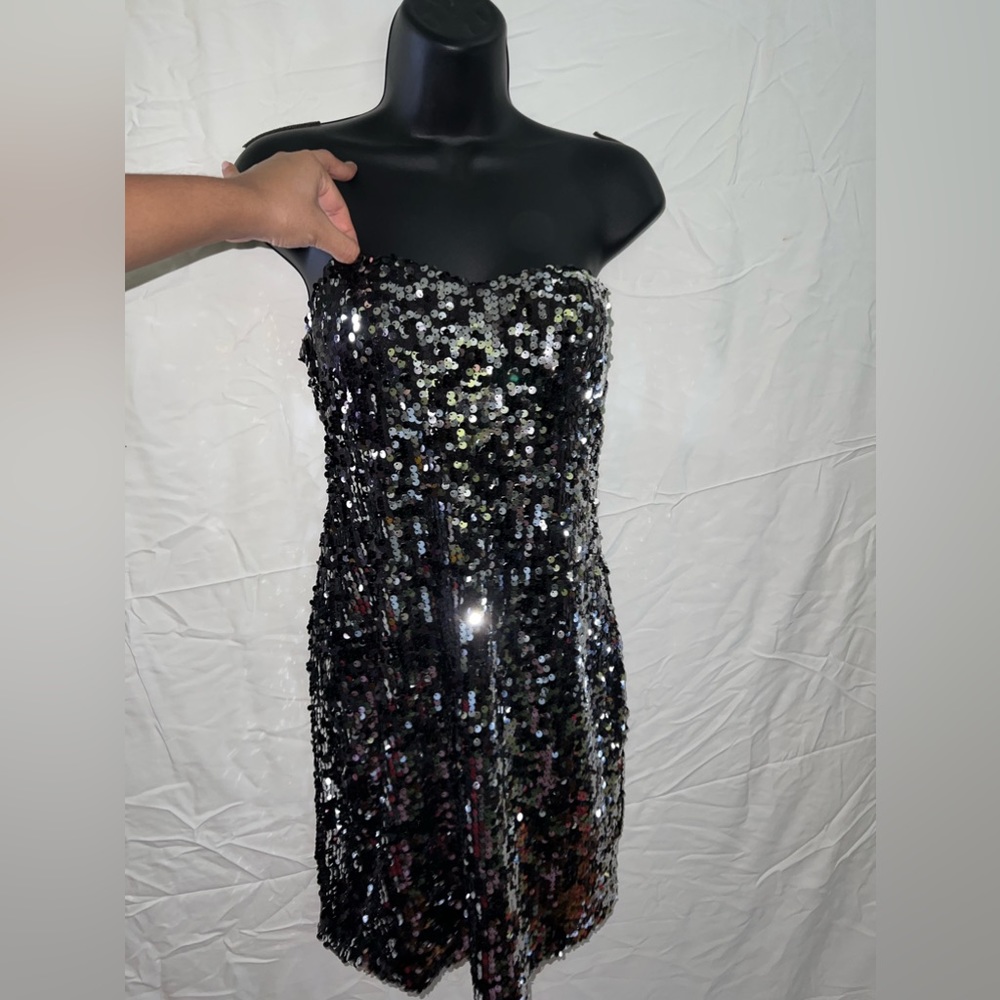 Strapless Sequin Silver & Black Midi/Mini Party Dress
